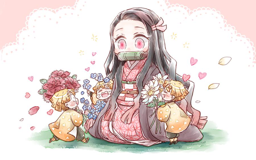 kamado nezuko 1girl japanese clothes multiple boys flower kimono pink kimono pink eyes  illustration images