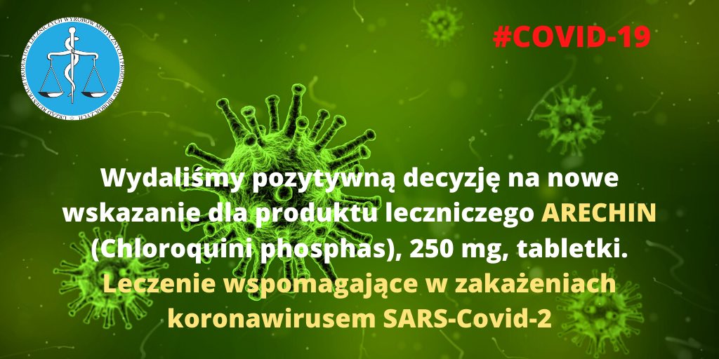 Pozytywna decyzja na nowe wskazanie dla produktu leczniczego ARECHIN (Chloroquini phosphas), 250 mg, tabletki w leczeniu wspomagającym w zakażeniach koronawirusami typu beta takimi jak SARS-CoV, MERS-CoV i SARS-CoV-2
Druki informacyjne ▶️
urpl.gov.pl/pl/informacja-…

#COVID19