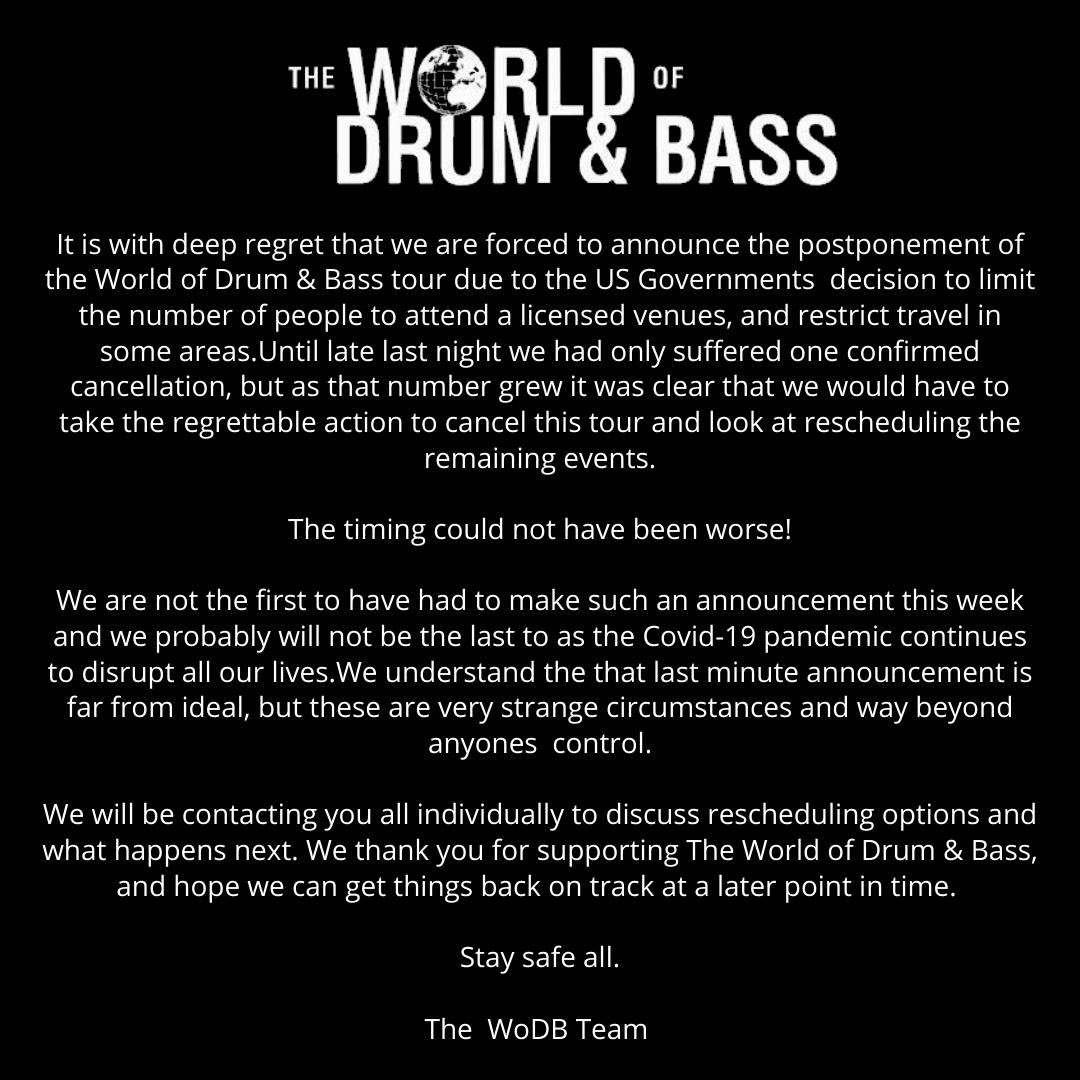 Gutted to let all our USA &amp; Canada fans know that due to the Corona virus - our tour with WODNB has been postponed until further notice....

We are in unprecedented times &amp; everyone’s  safety &amp; well-being is paramount so please 
Stay Safe - See you all soon! #dnb