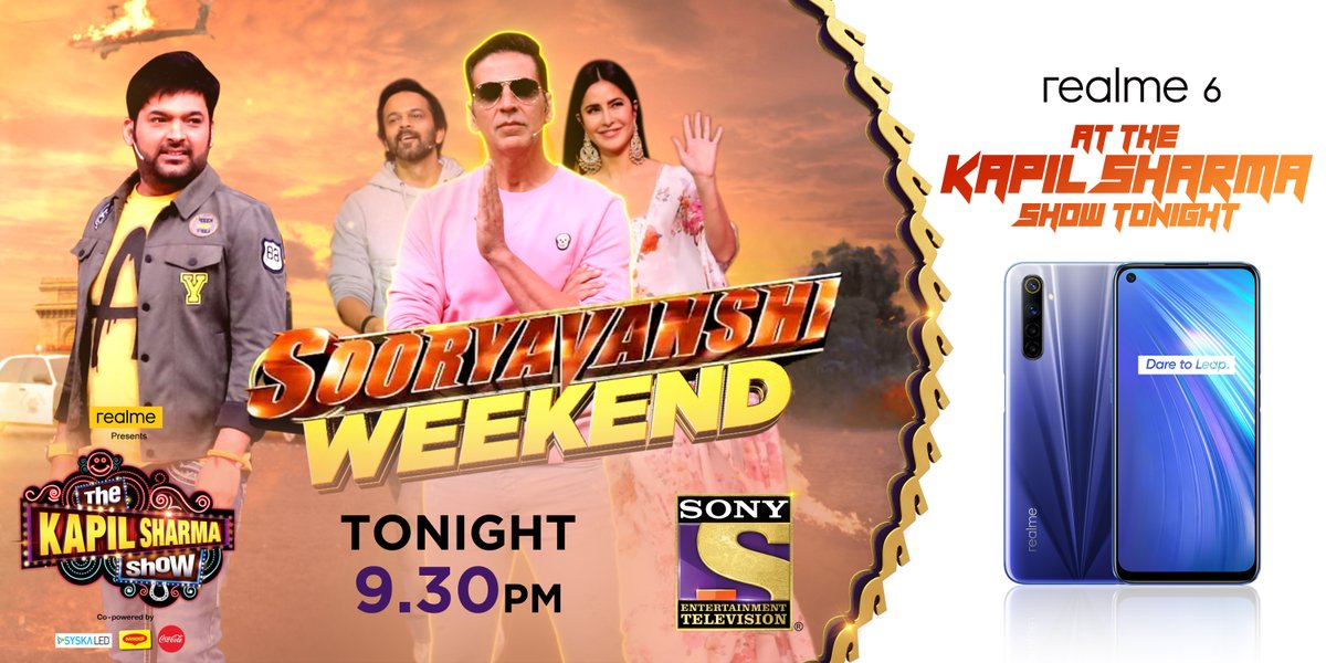 realmeIndia's tweet image. Get ready for a smashing weekend full of entertainment!
Tonight at 9:30 PM, catch your favourite #realme6 with 64MP #ProCameraProDisplay only at #TheKapilSharmaShow. Tune in for unlimited fun!