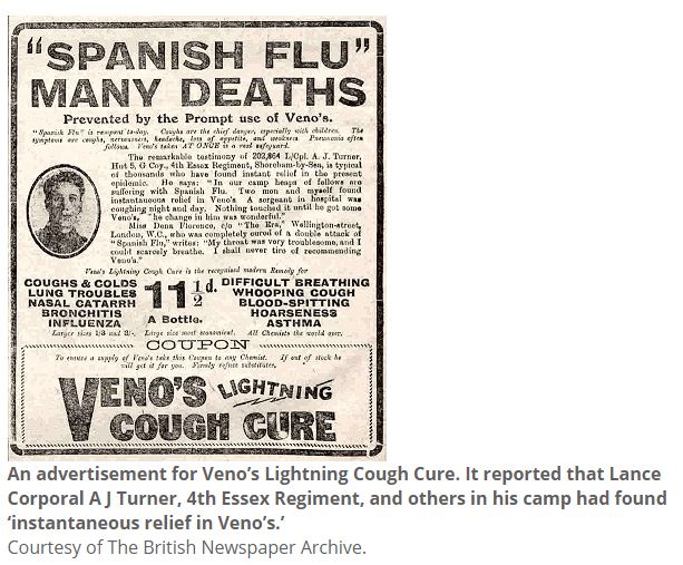many deaths from Spanish Flu had been ‘prevented by the prompt use of Veno’s’.