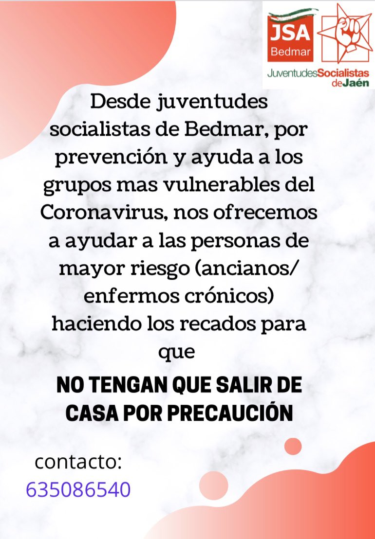JsaBedmar's tweet photo. ! BUENOS DÍAS !

Desde JSA Bedmar queremos anunciar esta medida aportando nuestro granito de arena por el Coranovirus. 

(dejar claro que dichas personas que hagan los recados irán protegidos con mascarillas y guantes por prevención ya que son personas de alto riesgo) https://t.co/5zrAN8TGHe