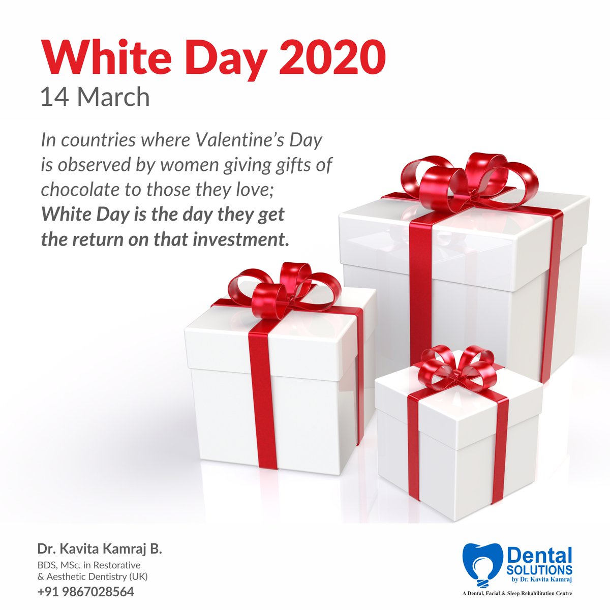 Throughout the world, Valentine’s Day is practised in largely similar ways, with the giving of gifts of chocolate to those whose respect, admiration, or love we desire. 

#WhiteDay #WorldWhiteDay2020 #keepsmiling #oralhealth #dentalcare #careforyourteeth #smileeveryday