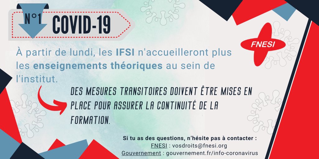 #COVIDー19 | <a href="/EmmanuelMacron/">Emmanuel Macron</a> a annoncé la mise en place de mesures préventives exceptionnelles.

Tous les établissements d'enseignement supérieur seront fermés dès lundi dont les #IFSI

N'hésite pas à nous contacter : vosdroits@fnesi.org 
Infos : gouvernement.fr/info-coronavir…