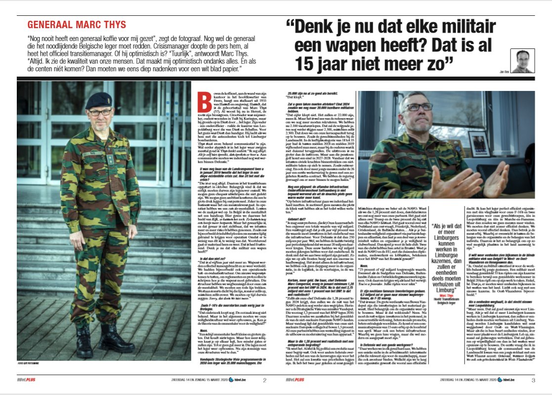 "Ik ben altijd optimistisch. Ik zie de kwaliteit van onze mensen. En als de centen niét komen? Dan moeten we eens diep nadenken voor een wit blad papier.”
Generaal Marc Thys @general_thys, transitiemanager #Defensie in een weekendinterview in #HBvL bit.ly/2wRPuoP