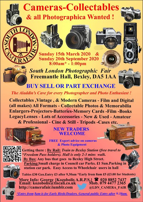 Statement  of South London Camerafair in Bexley  taking place on Sunday 15th March at Freemantle Hall, Bexley High Street DA51AA. 
Our event is not affected following the outbreak of the coronavirus and will run as usual.
HM Government guidelines are in place.