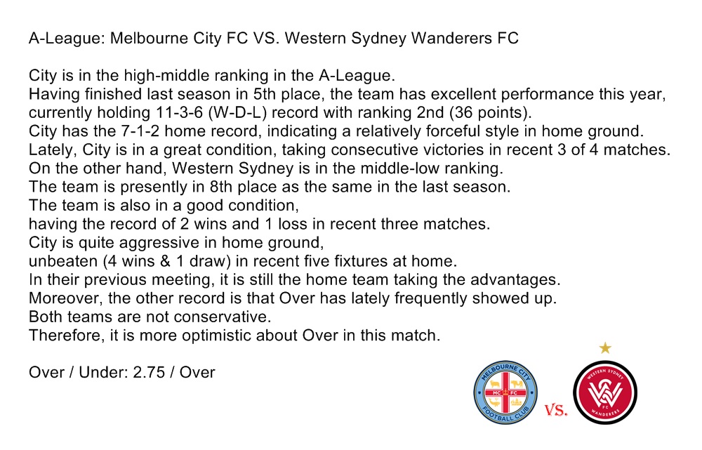 A-League: Melbourne City FC VS. Western Sydney Wanderers FC

Over / Under: 2.75 / Over

#MelbourneCityFC #MelbourneCityFootballClub #City #Heart #WesternSydneyWanderersFC #WesternSydneyWanderersFootballClub #Wanderers #WSW
#football #league #tips #UEFAEuropaLeague #UEFA
#Aleague