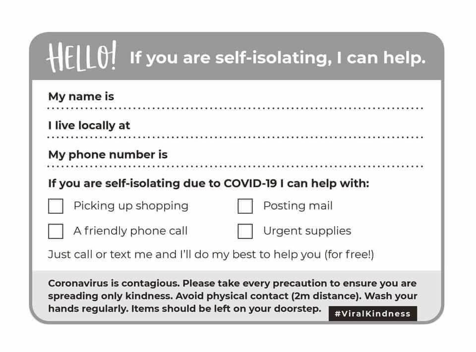 MyTenterden's tweet image. #Coronavirus If you want to do something to help your neighbours, print this form and pop it through their door. Download here as a PDF with two forms on the page mytenterden.co.uk/pdf/self-isola… credit to Becky Wass from Falmouth for this brilliant idea