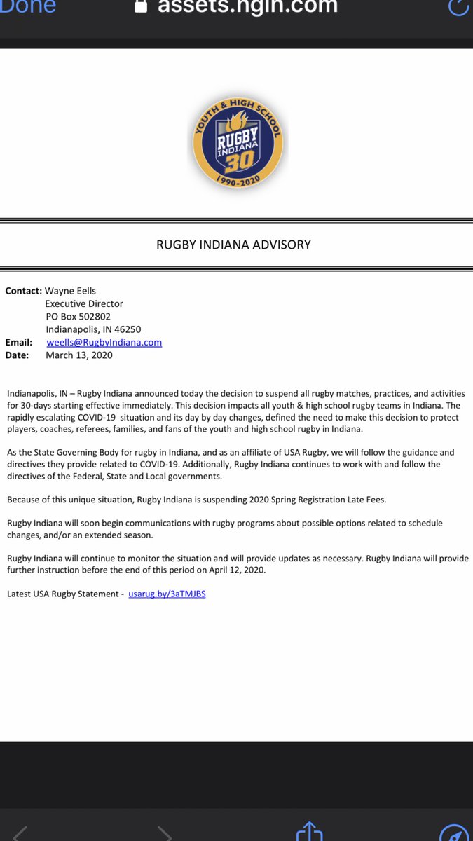 Message from Rugby IN: 
Greetings Everyone: 
Rugby Indiana has  enacted a 30-day suspension on matches, practices, and events.  That document is attached.   Rugby Indiana is also suspending the registration late fees because of this unique situation.