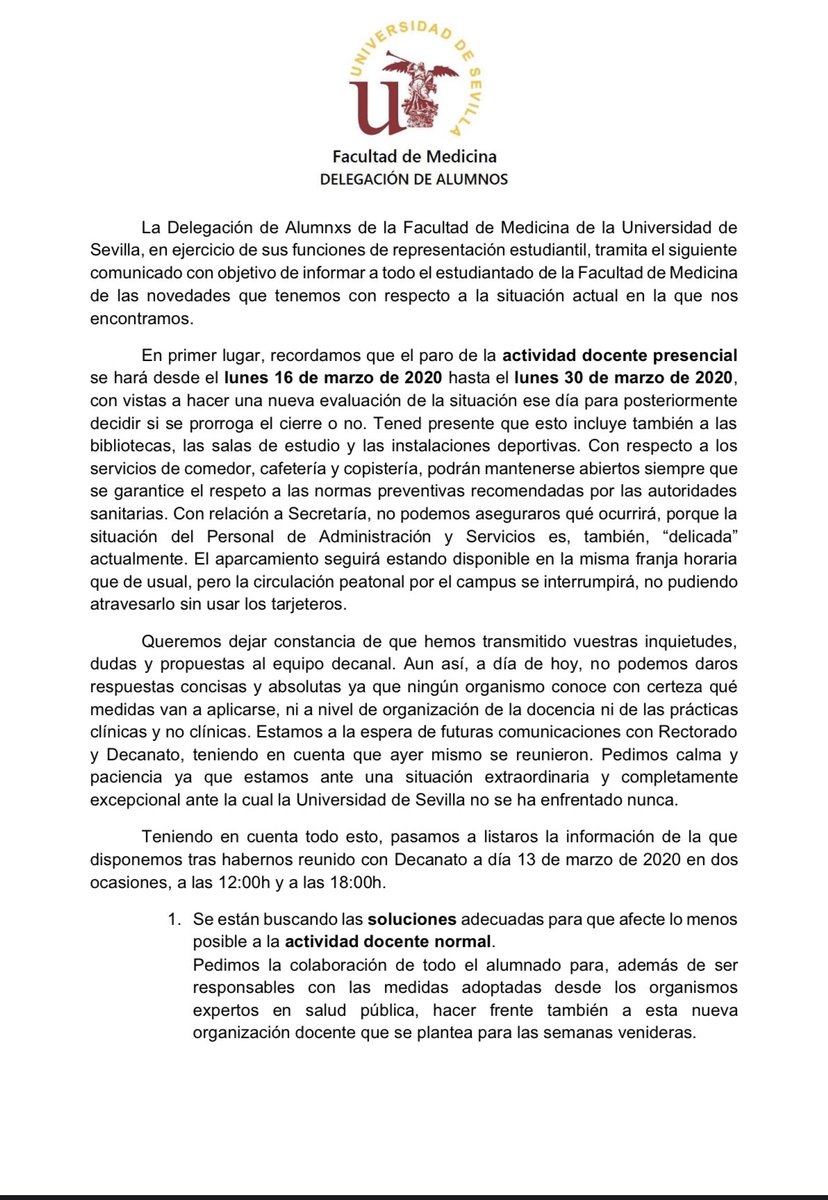 Facultad De Medicina De Sevilla En Twitter Compartimos Comunicado De La Delegacion De Alumnos De La Facultad De Medicina Covid19 1 2