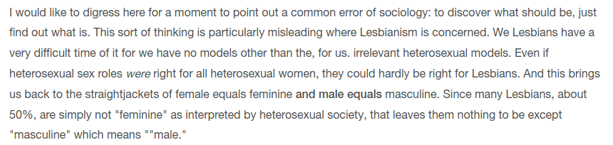 Some Gay Libbers wrote as centrists, as in the infamous essay by Rita Lepore, *The Butch/Femme Question*. Here butch/femme is different enough from heterosexuality to not be violent, but not so different it's not still sexy. A real Goldilocks situation.