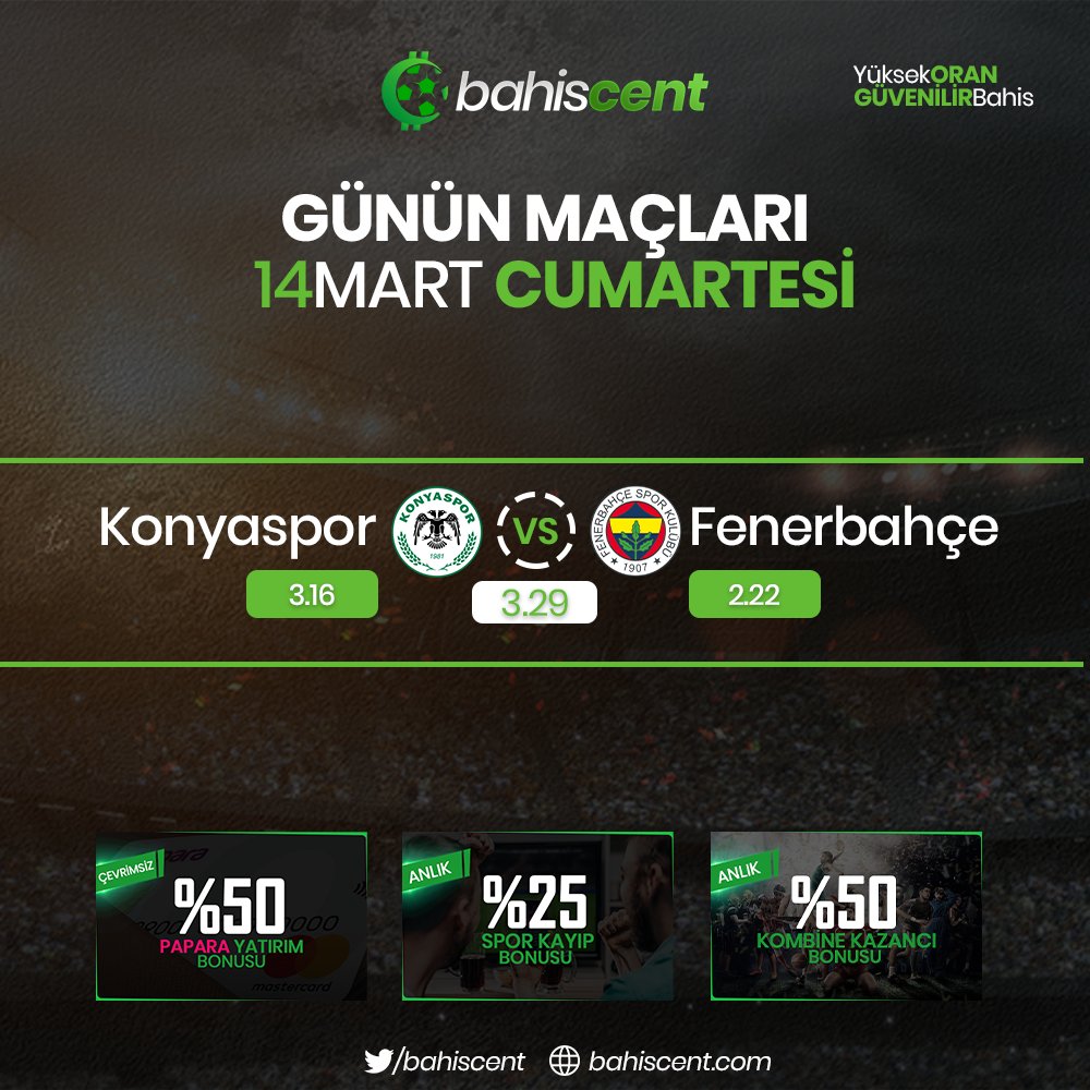 #Konyaspor vs #Fenerbahçe 
Hafta sonu geldi çattı ❗️
💰En yüksek oranların adresi #bahiscent

bit.ly/31IkOBB