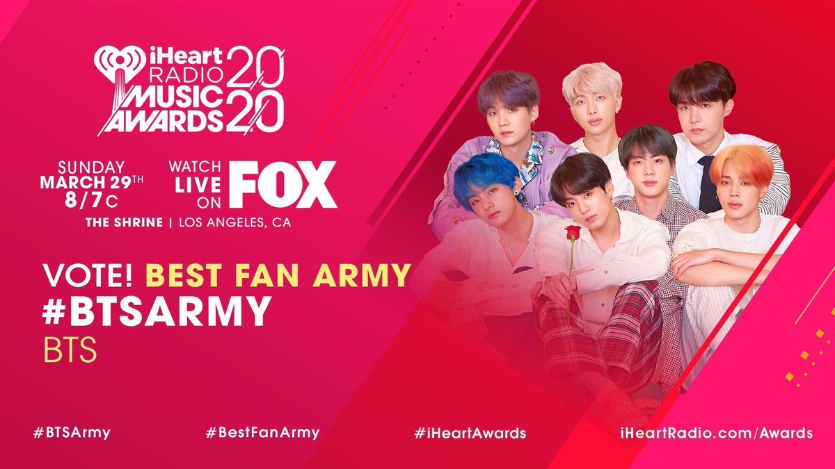 btsanalytics's tweet photo. RT to vote #BTSARMY (@BTS_twt) for #BestFanArmy at #iHeartAwards! https://t.co/542a0zNCmS