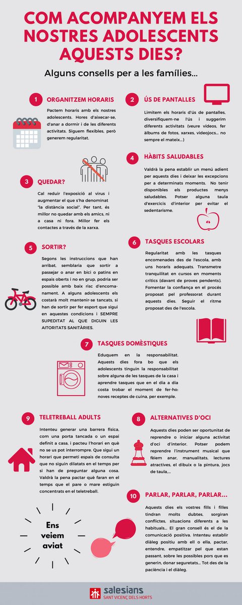 Venen dies que poden ser complicats. Estar confinats a casa no és fàcil. Per això compartim amb les nostres famílies alguns consells que esperem que us donin un cop de mà a l’hora d’organitzar el temps i ordenar les activitats d’aquests dies: 
#SomU #125ambTu