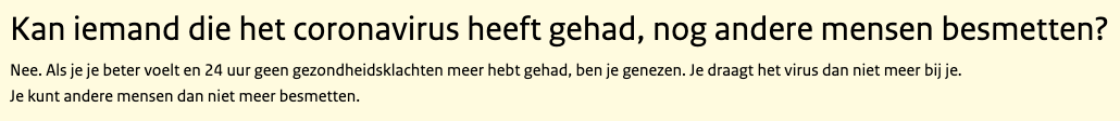 <a href="/rivm/">RIVM</a> Op jullie website staat dat mensen het coronavirus niet meer bij zich dragen als ze 24 uur lang geen klachten hebben. Weten jullie dit zeker? (Hoe?)

Volgens dit onderzoek dragen mensen het virus wekenlang bij zich: bloomberg.com/news/articles/…