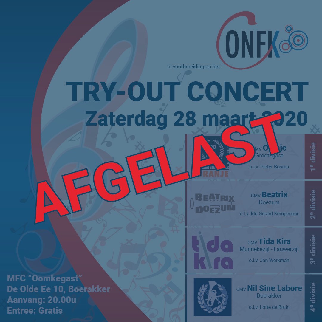 Gezien de ontwikkelingen rondom het coronavirus en de daarmee samenhangende overheidsmaatregelen hebben wij helaas moeten besluiten ons try-out concert af te gelasten.