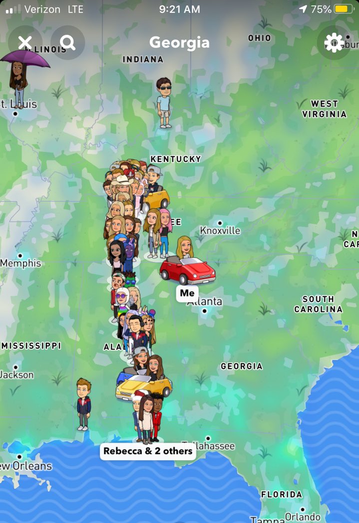 JonAcuff's tweet photo. And so it begins, not even Coronavirus can stop the annual migration from Nashville to 30A. ⁣
⁣
It’s the Silk Road of Lululemon. ⁣
⁣
(This is a screenshot from the Snapchat of one of my daughter’s friends, showing the location of everyone she follows going on Spring Break.) https://t.co/FMZijMpie3