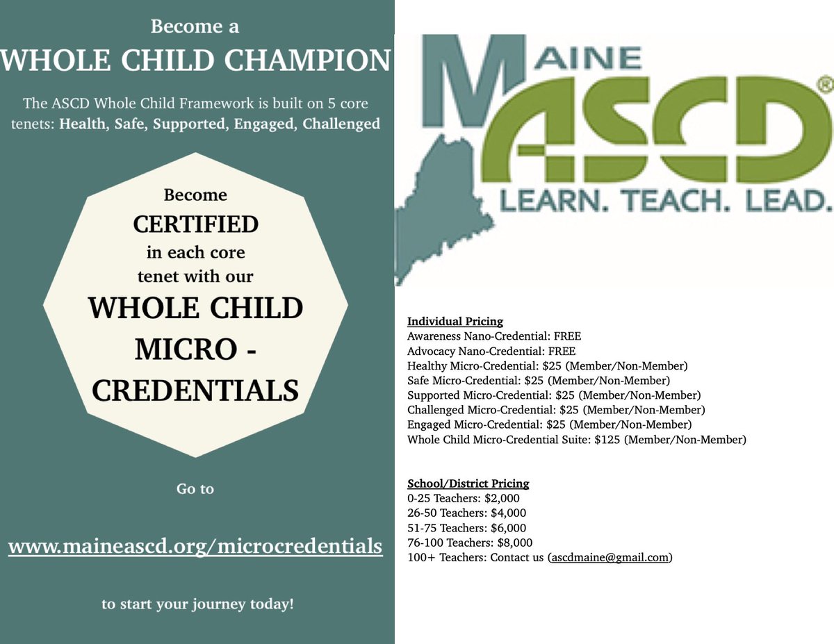 During this uncertain time when schools are closing for indefinite periods, Maine ASCD is here to support anywhere/anytime PD with our #WholeChild microcredential suite! Become a #WholeChildChampion in your schools! Contact hours available! #edchatme MaineASCD.org