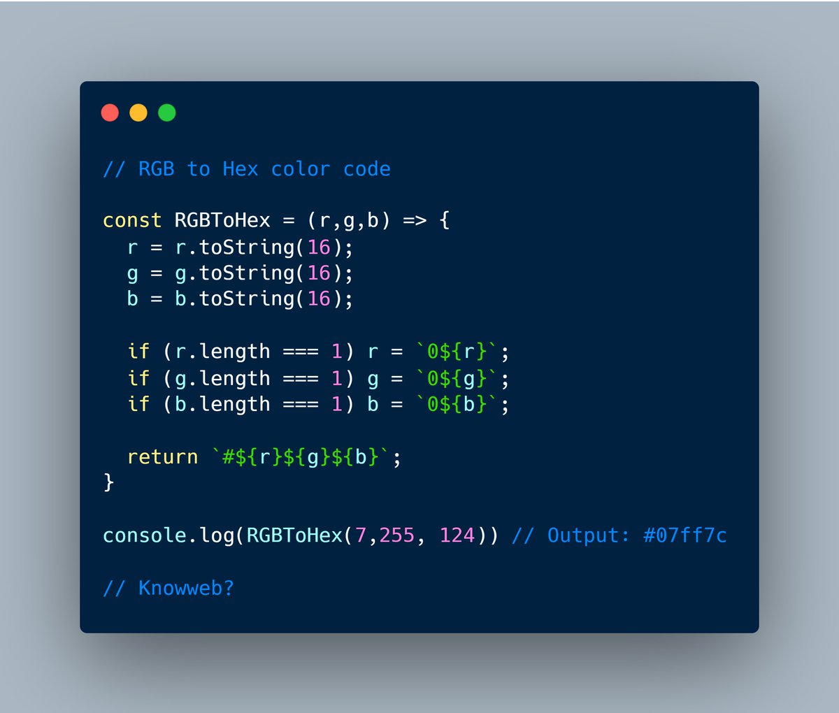 _knowweb's tweet photo. RGB to Hex color code

#knowweb #javascript #web #webdevelopment #webdev #webworld #reactjs #Nodejs #Angular https://t.co/j0T9jGHuLr