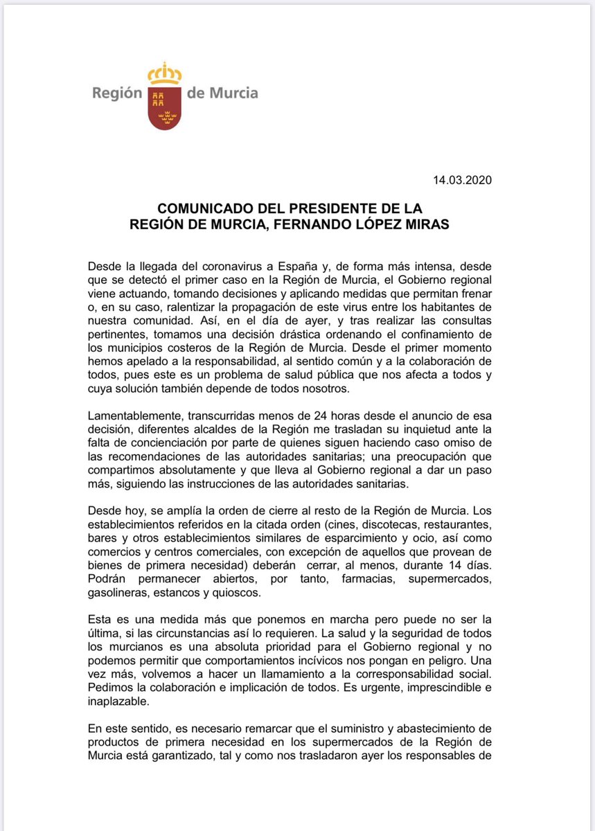 LopezMirasF's tweet photo. 🔈Atendiendo a las autoridades sanitarias, ampliamos la orden de cierre de cines, discotecas, bares, restaurantes y centros comerciales a toda la #RegióndeMurcia durante 14 días.

Seguimos pidiendo prudencia y responsabilidad. https://t.co/82bdvDx2cF