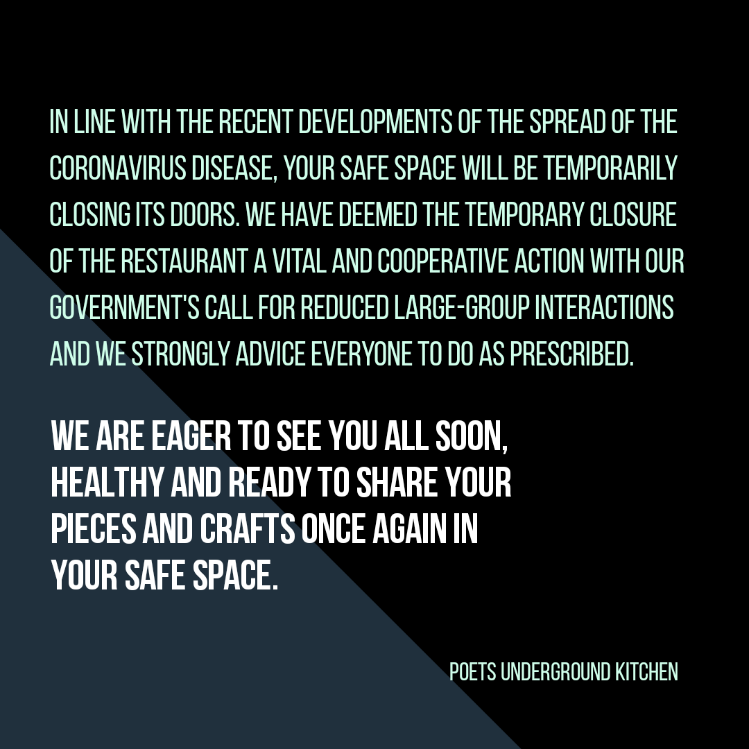PoetsUnderKitch's tweet photo. Safety first in this safe space. See you all very soon! 🙏
#PoetsUndergroundKitchen https://t.co/JaYkO5cC5P