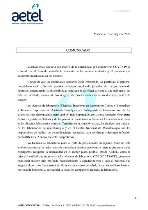 AETEL quiere agradecer a todos los profesionales sanitarios, y especialmente a los Técnicos Superiores en Laboratorio Clínico y Biomédico y Técnicos Superiores de Anatomía Patológica y Citodiagnóstico, por su gran labor en la lucha contra el Covid-19.
##aeteltuasociacion