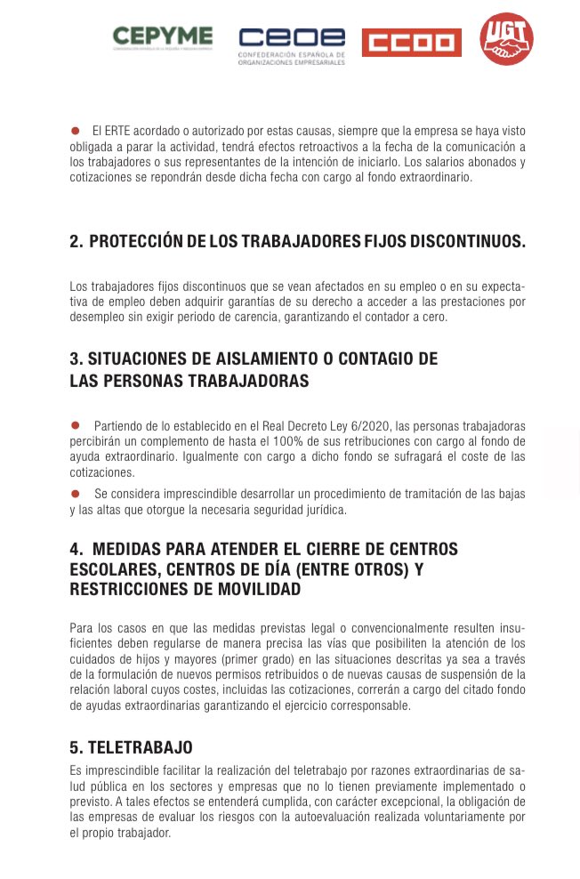 Documento de propuestas conjuntas de las organizaciones sindicales, CC.OO. y UGT, y empresariales, CEOE y CEPYME para abordar, mediante medidas extraordinarias, la problemática laboral generada por la incidencia del nuevo tipo de coronavirus.