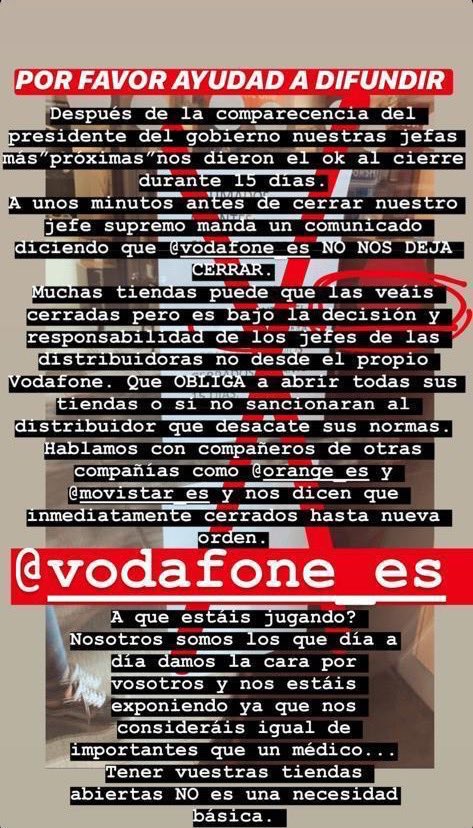 DavidDeSanchez's tweet photo. Una amiga me pasa esto a través de Whatsapp. Y no tengo más remedio que compartirlo y ayudar a difundirlo, porque es una vergüenza lo que está haciendo ahora mismo @vodafone_es. A las 12:05h aún hay tiendas abiertas de esta empresa en las que están trabajando personas. Difundid. https://t.co/HFpVd7978E