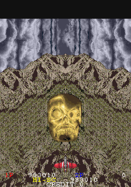 ついに最終決戦！巨大な黄金髑髏は惑星グロリアで起こった悲劇を謳ったメタファーか、心象風景か。終盤にシステムがガラリと変わる前例はそれ迄にもあったが、世界観と内容が直結している所にガンフロンティアの神懸かりがある。兵装を切り換えキングリボルバーに挑む。今が最期の時！強大な嵐へ・・。