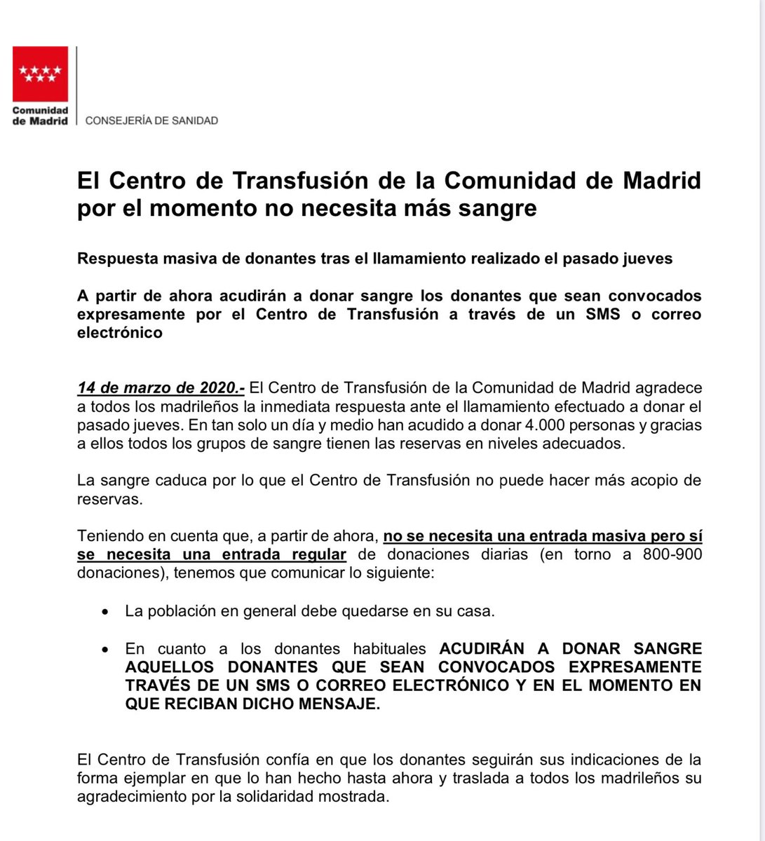 Madridonasangre's tweet photo. 🛑IMPORTANTE: Gracias a la masiva respuesta al llamamiento no es necesaria más sangre. 
Desde el jueves se han recibido 4000 donaciones
🛑A partir de este momento SOLO deben acudir los DONANTES CONVOCADOS expresamente por sms o mail al lugar que se indique.
MILES DE GRACIAS! https://t.co/iLUIflUybj
