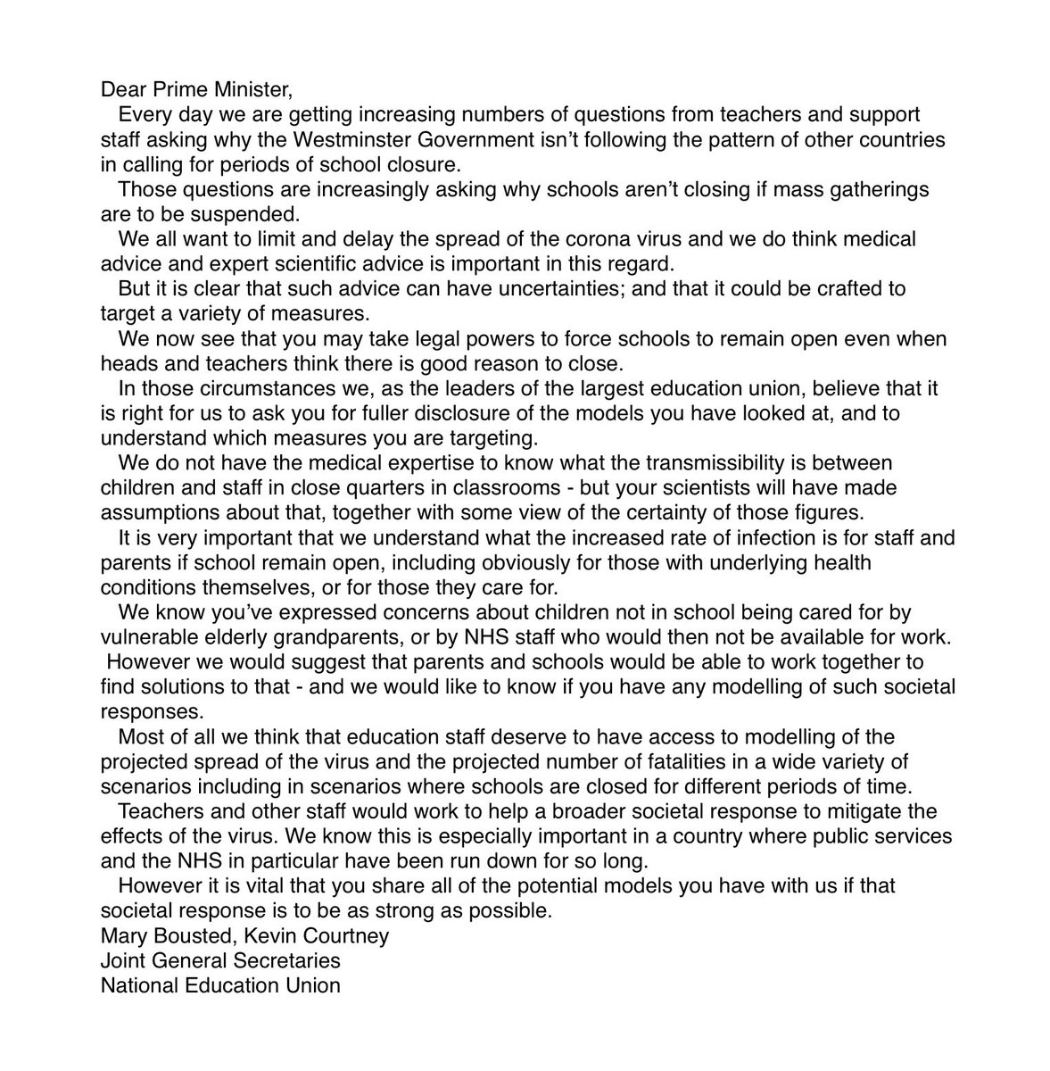 Full disclosure.

@MaryBoustedNEU and I have written to the Prime Minister asking for full disclosure around his decision not to close schools.

text of that letter is attached.