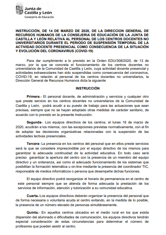educacyl's tweet photo. 🔊 Instrucción, 14 de marzo, de la D.G. Recursos Humanos de la Consejería de Educación relativa al personal de los centros docentes no universitarios en el periodo de suspensión temporal de la actividad docente presencial por #COVID-19. 
#ProfesoradoCYL  
https://t.co/BJcgVJPjBd https://t.co/ra2C2zTaR3
