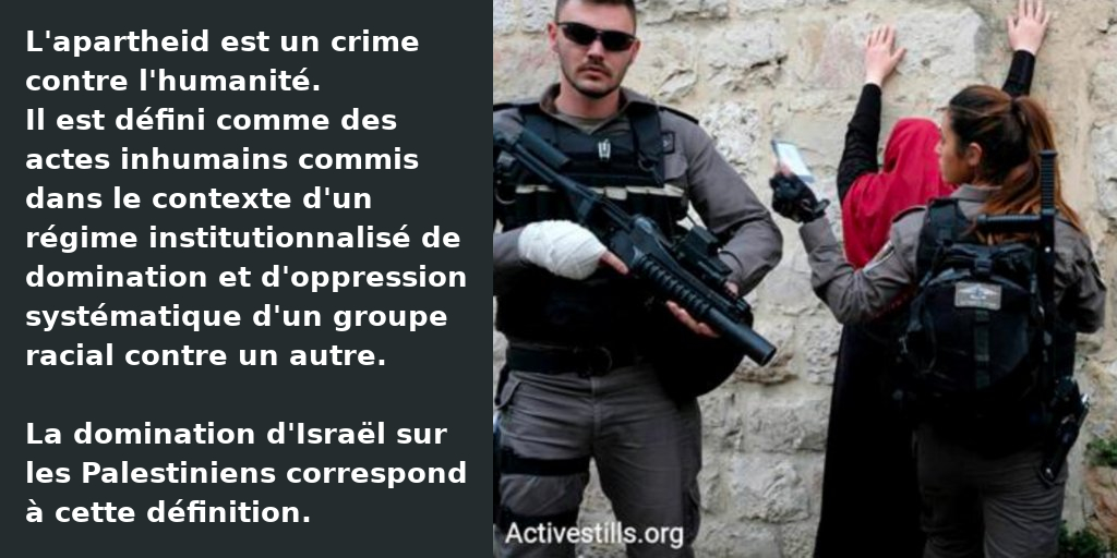 Campagnebds's tweet image. Israël commet le crime d&apos;apartheid tel que défini par le droit international, contre tous les Palestinien-ne-s, en Palestine historique et en exil.
Les États ont l&apos;obligation de prendre des mesures pour mettre fin à l&apos;apartheid.  #EmbargoContreIsraël #BDS
