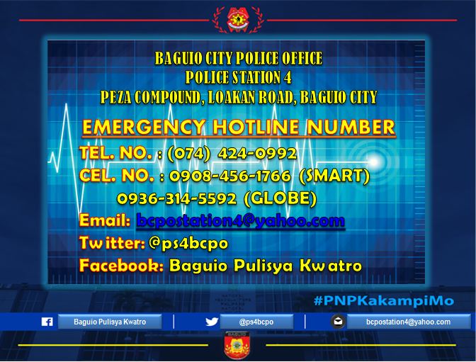 PNPBaguioStn4's tweet photo. ..In case of emergency, please don't hesitate to contact us, below are the details..
#HotlineNumber
#PNPKakampiMo
#WeServeAndProtect
#TeamPNP
#BisitaCoAlagaCo
#BaguioPulisPulisKoTo
@rwinp88 @PNPChiefGamboa @arfc97 https://t.co/tQ4eiSA7aq