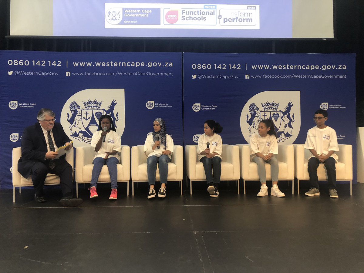 WCEDnews's tweet image. Our #TeamRead ambassadors join the stage with @WCED_HOD. Bayyinah Manjoo says ‘Readers are Leaders and we are the leaders of the future’. #TeamRead #WCReading Strategy