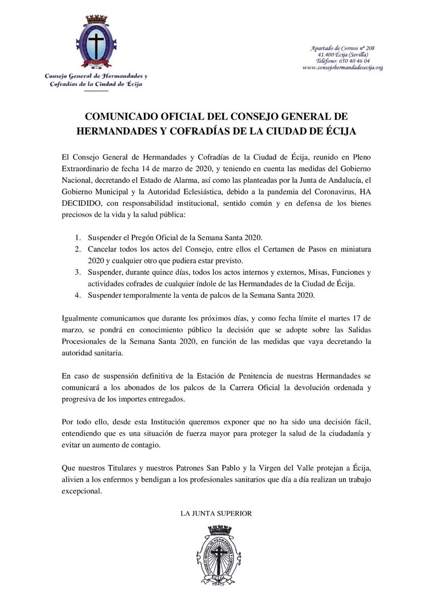 Comunicado del Consejo de Hermandades y Cofradías.