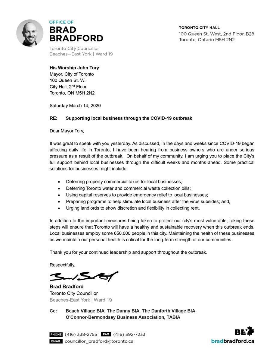 BradMBradford's tweet image. Since #COVIDー19 began affecting daily life in Toronto, I've been hearing from business owners who are under serious pressure.  I'm working with the Mayor to support local business through this and urging landlords to join the effort. Full letter: