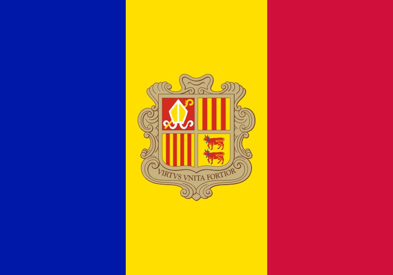 Andorra. 6.5/10. It is fine, a relatively forgettable flag but with a pretty cool emblem which is a saving grace. While the three coloured bars look equal, the yellow bar is actully fractionally larger. Adopted in 1971 by the fine people of Andorra.