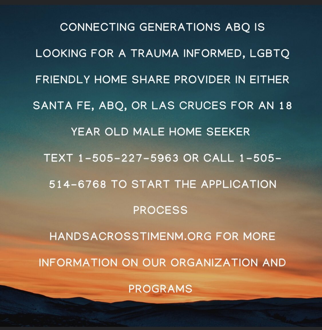 HandsAcrossTime's tweet image. If you’ve got space for a young man to land while he gets his feet under him, let us know. Santa Fe or Albuquerque preferred #agingout #homeshare #homesharing #connectinggenerationsabq #OneAlbuquerque #SantaFeHomeShare #LGBTQ #hatnm #socent