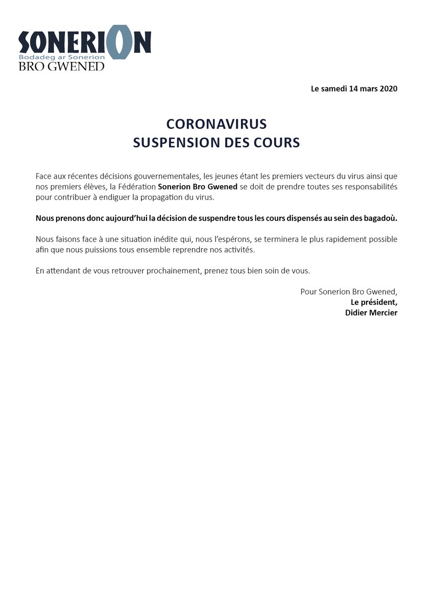 56sonerion's tweet photo. 📌COMMUNIQUE
Face aux récentes décisions gouvernementales,la Fédération Sonerion Bro Gwened se doit de prendre toutes ses responsabilités pour contribuer à endiguer la propagation du virus. C'est pourquoi tous les cours sont suspendus. #COVIDー19 https://t.co/FAzOCKfTdr