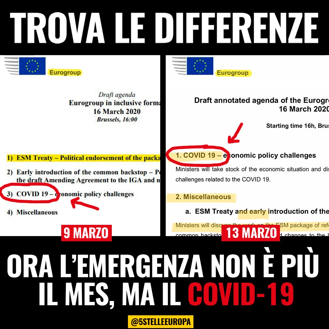 Ecco la nuova agenda dell'Eurogruppo! Siamo riusciti a ribaltare la situazione e a porre l'emergenza #Coronavirus come primo punto del prossimo incontro, mentre il #MES finisce tra i "vari ed eventuali" e come “discussione” (non più come approvazione).
#m5s #COVIDー19