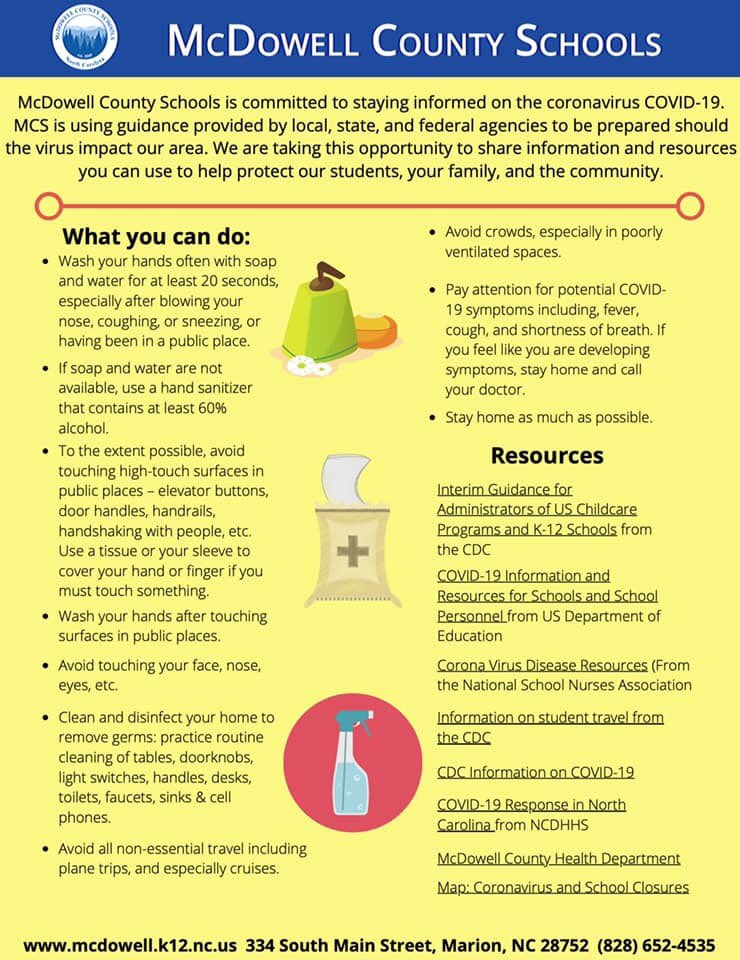 Click here for more resources on COVID-19 bit.ly/MCSCOVID-19
<a href="/deeana_ray/">Deeana Ray</a> <a href="/McDowell590/">McDowell Co Schools</a>