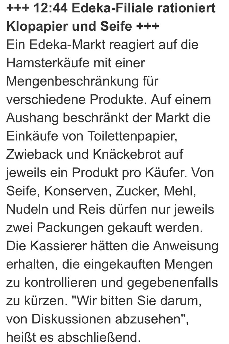 Schade, dass das hier noch nicht alle Läden machen. Die Leute rasten richtig aus! Teilweise mehrere Einkaufswagen bis oben hin voll. #CoronaVirusDE