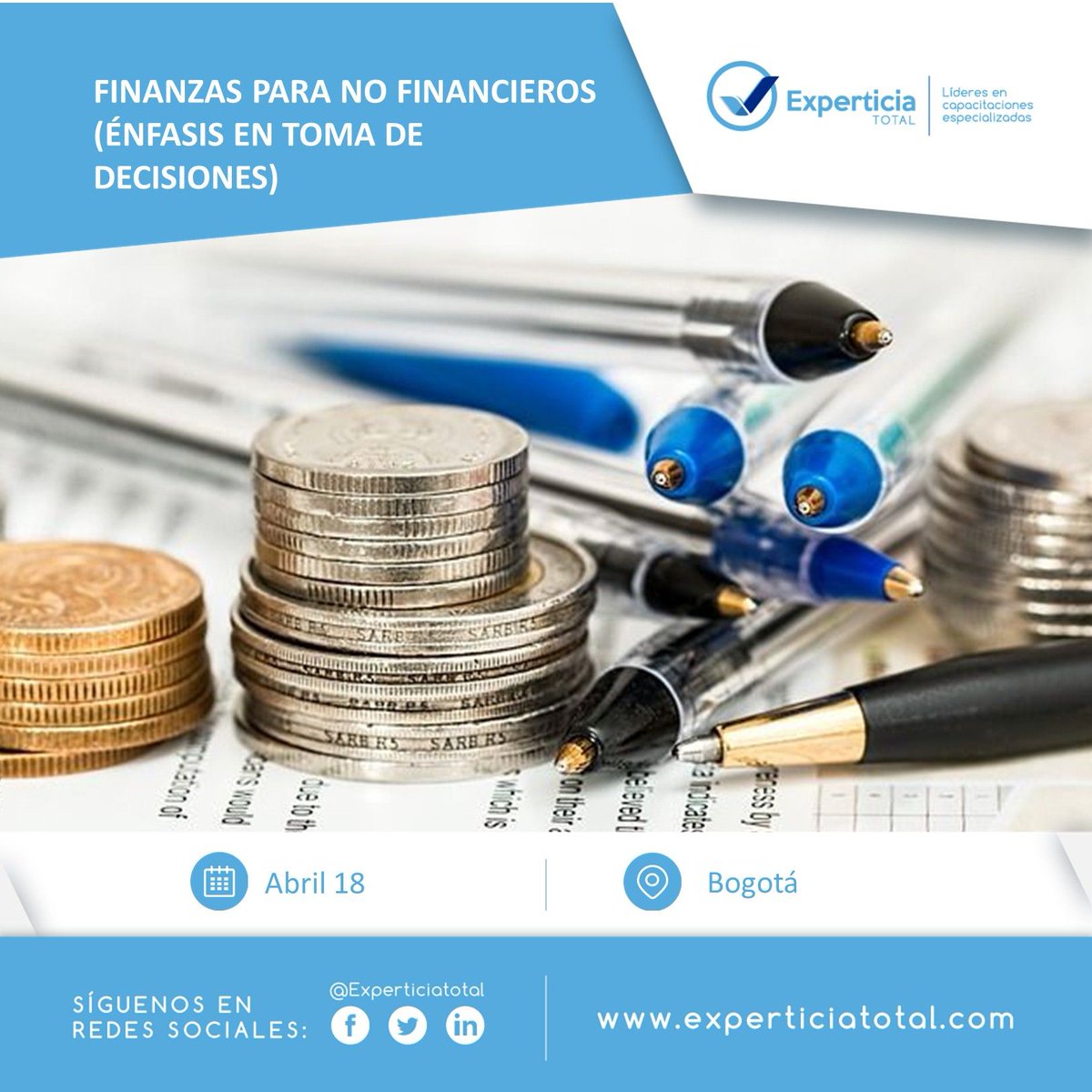ExperticiaTotal's tweet photo. ¡INSCRÍBETE!⠀
FINANZAS PARA NO FINANCIEROS (ÉNFASIS EN TOMA DE DECISIONES)⠀
Barranquilla, sabado 18 de abril del 2020⠀
Detalles: https://t.co/UYzJfBxw5K⠀
Tel: 6788519, Cel: 3107360294 - 3014201941 https://t.co/SNiWVMlUon