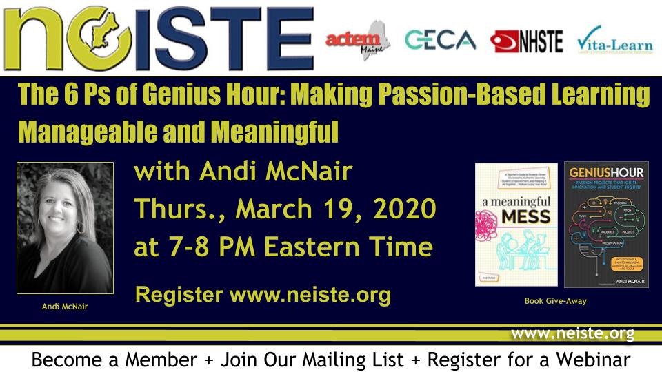 NE_ISTE's tweet photo. FREE Webinar 3.19.2020 7-8PM
@mcnairan3
“The 6 Ps of Genius Hour: Making Passion-Based Learning Manageable and Meaningful” Book Raffle! “Genius Hour”
Register - https://t.co/8zcqJNXBVW #geniushour, #designfordepth #ameaningfulmess #makeithappenEDU https://t.co/UPKKKybezt https://t.co/5PiW7yQ98V