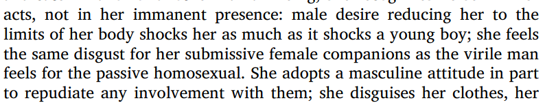 1.b: Feminist BacklashSo, (some) feminists have hated butch/femme lesbian couples since there was feminism. For instance, it's in *The Second Sex*, when de Beauvoir (herself bisexual) embracingly types lesbian butches as misogynists and lesbian femmes as abused heterosexuals.