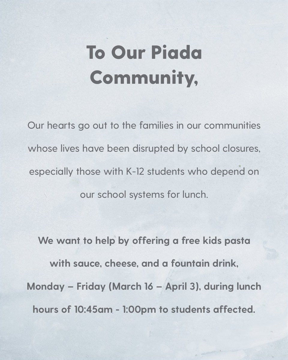You can read more on how we are helping keep our Team and Guests safe, as well as additional details on our free kids meal program on our blog (mypiada.com/blog/to-our-co…).