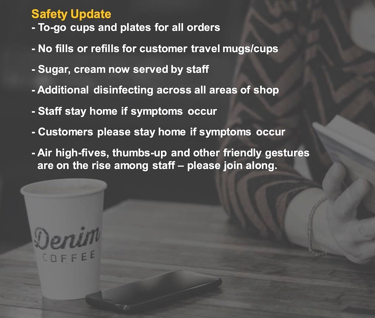 denimcoffeecbg's tweet photo. Please note these additional precautions that we will be taking at our Denim Coffee shops.Thank you for supporting local small businesses like ours! https://t.co/SCUlgclMnQ