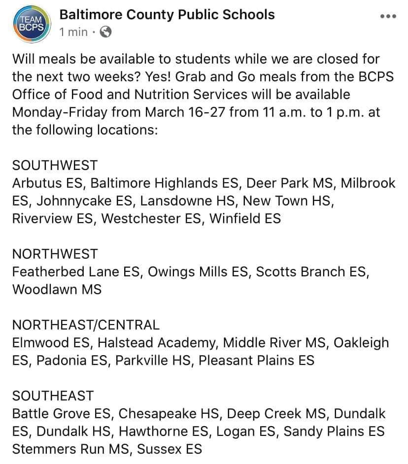 Meal distribution will be on the DES parking lot! Please take advantage. Anyone under the age of 18 can take a boxed lunch. @_mparker3 @BCPS_SchoolFood