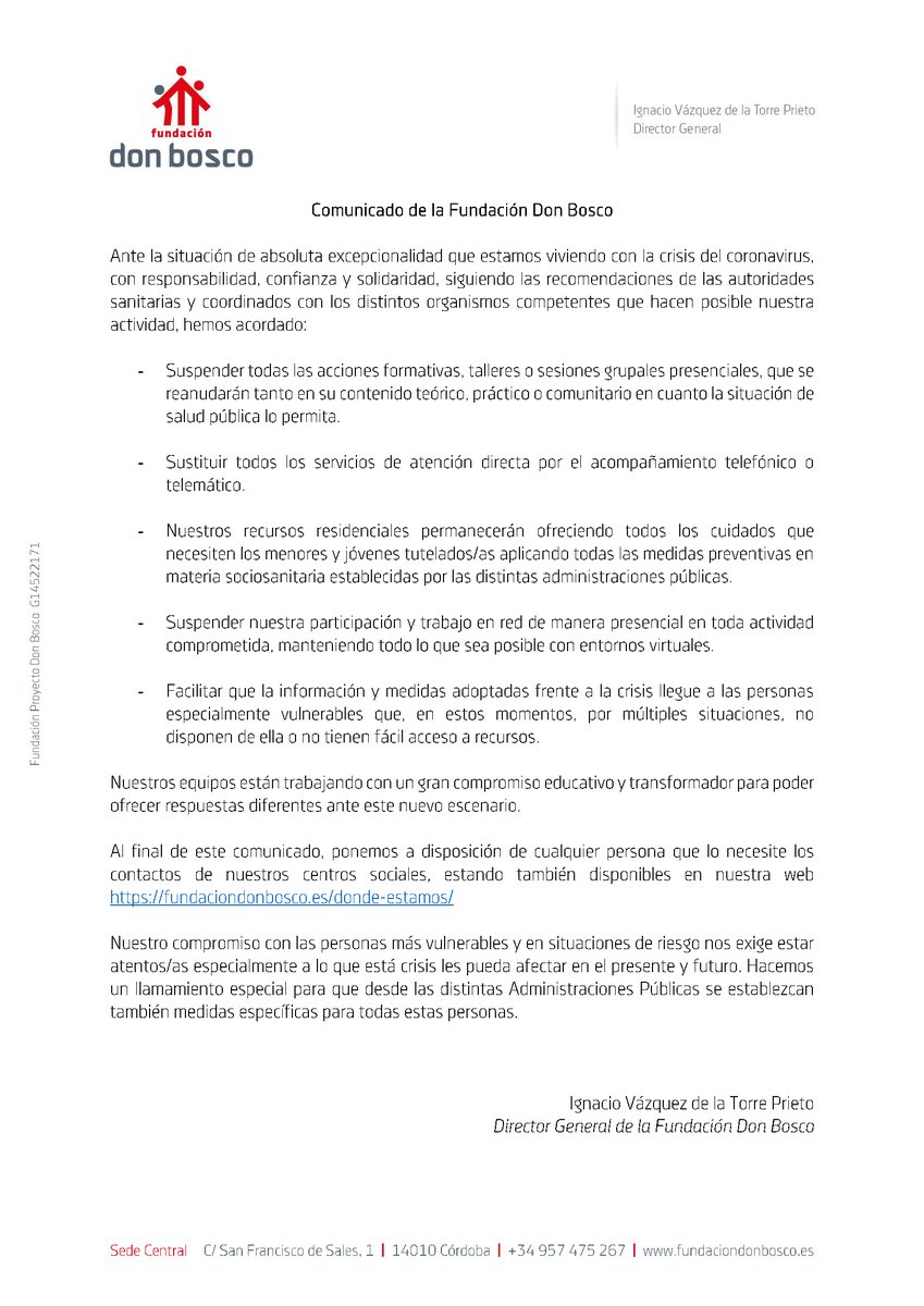 funddonbosco's tweet photo. Comunicado de la @funddonbosco 

Ante la situación de absoluta excepcionalidad que estamos viviendo con la crisis del coronavirus, con responsabilidad, confianza y solidaridad, siguiendo las recomendaciones de las autoridades sanitarias... (Ver imágenes adjuntas) https://t.co/sBFdP4SHXl